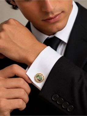 Gold-Tone Floral Enamel Cufflinks in Green and White - Men's Formal Accessory